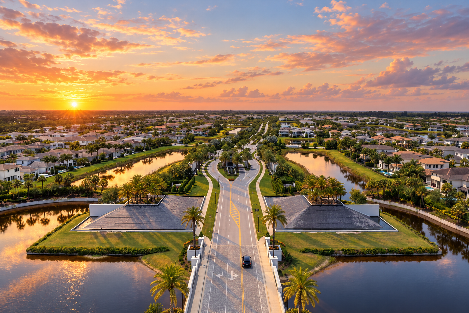 Aerial view of a West Boynton Beach community entrance at sunset
