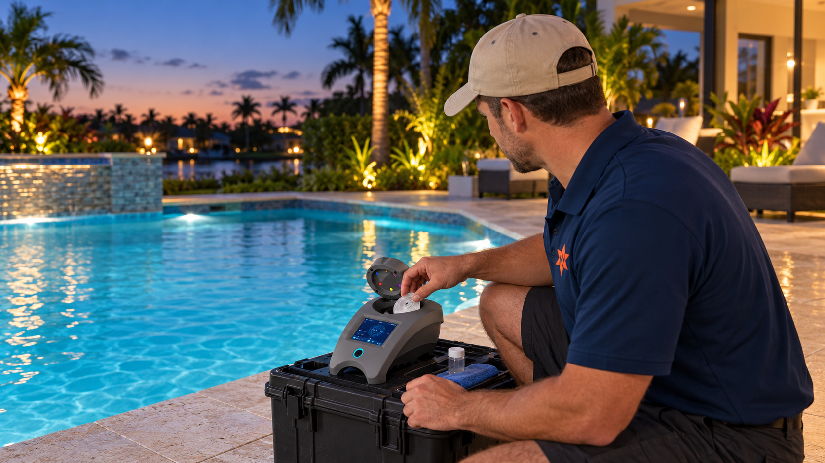 Northstar Pool & Spa technician performing professional water testing at a West Boynton Beach home