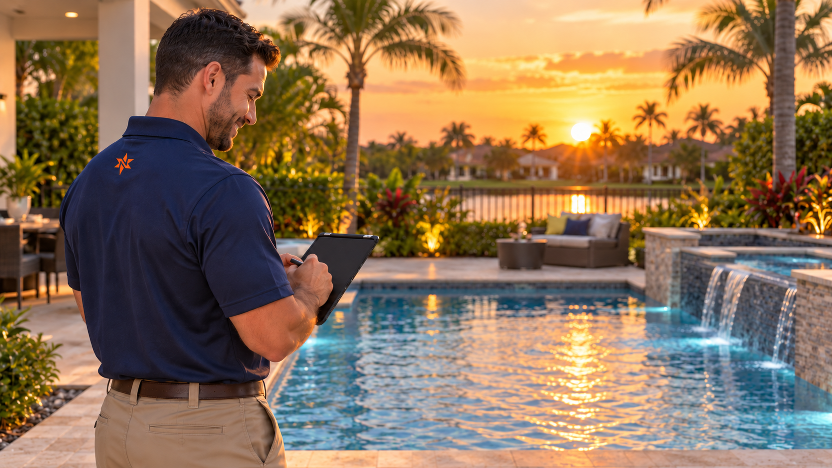 Northstar technician reviewing a digital service report on-site in West Boynton Beach